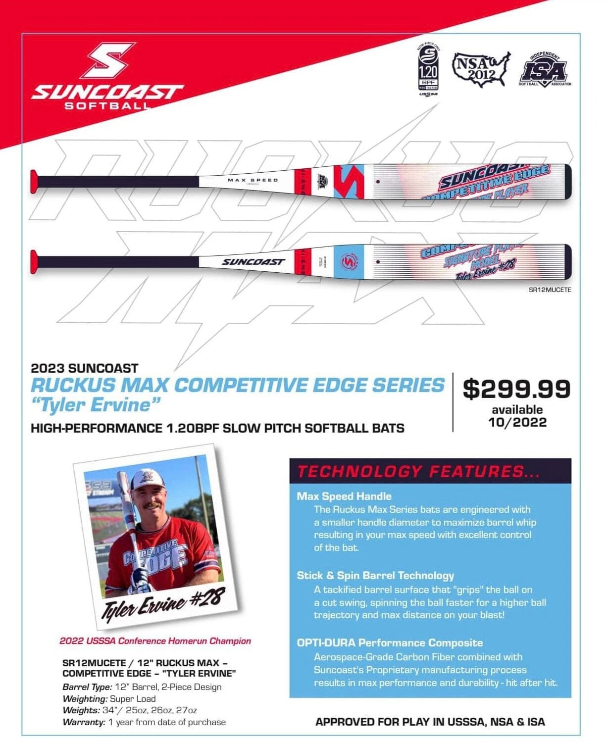 2023 Suncoast Ruckus Super Max Competitive Edge 12" Tyler Ervine USSSA Slowpitch Softball Bat 2 2023 Suncoast Ruckus Super Max Competitive Edge 12" Tyler Ervine USSSA Slowpitch Softball Bat - Image 2